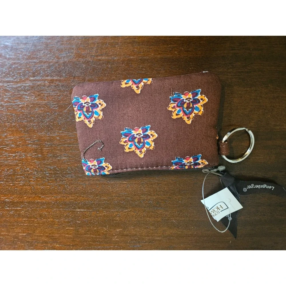 Longaberger Coin Purse Keychain Women Small Brown Fabric Floral Zipper NWT